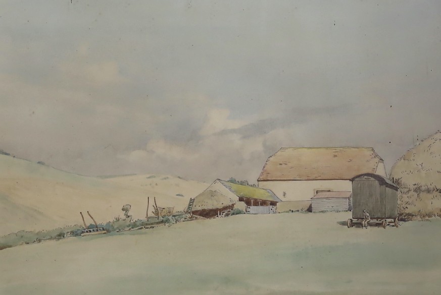 Frank Galsworthy (1863-1959), ink and watercolour, Farm on the South Downs, signed and dated 1933, 38 x 50cm